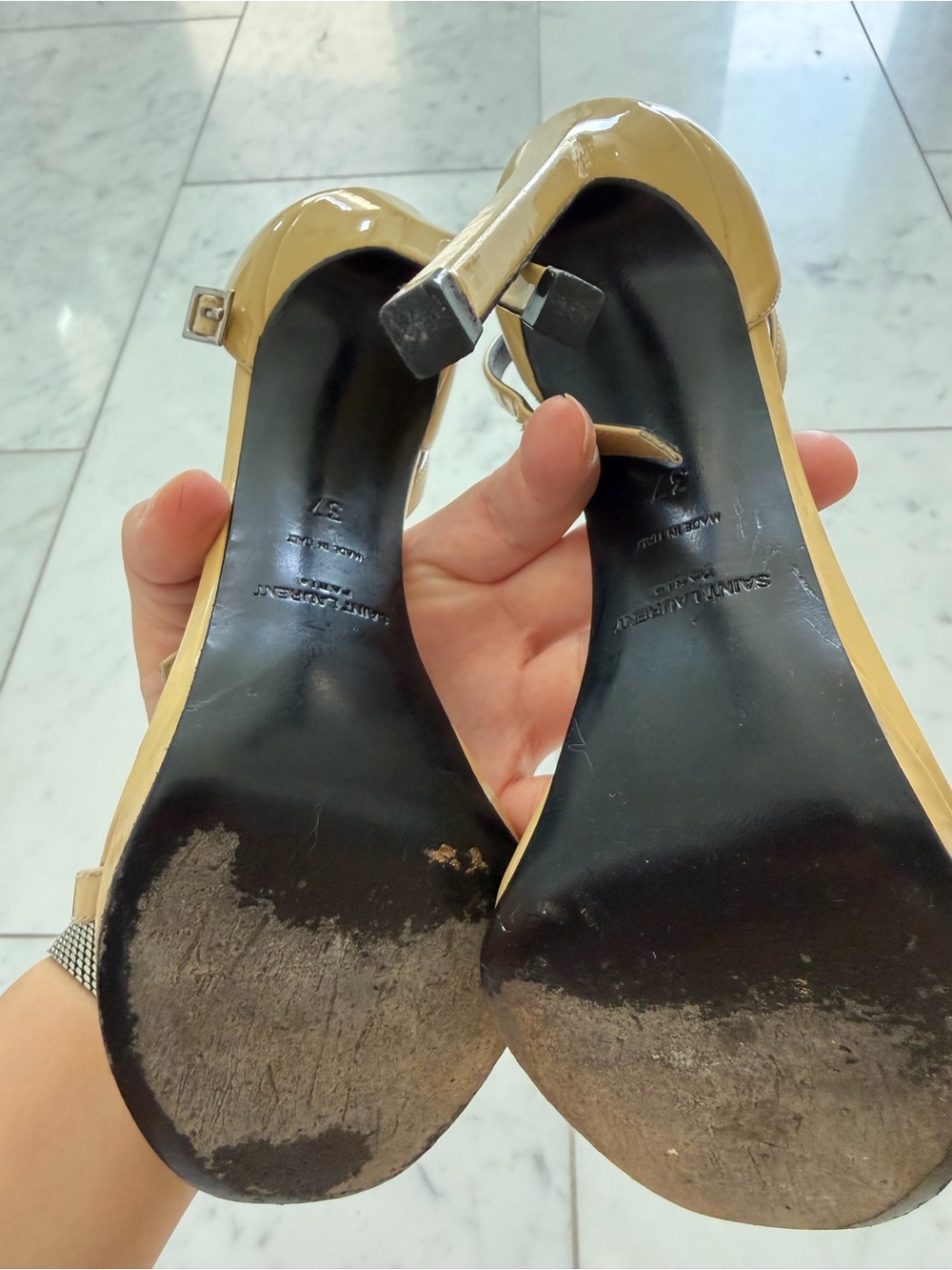 Saint Laurent Beige Patent Leather Ankle-Strap Heels - Picture 9 of 9